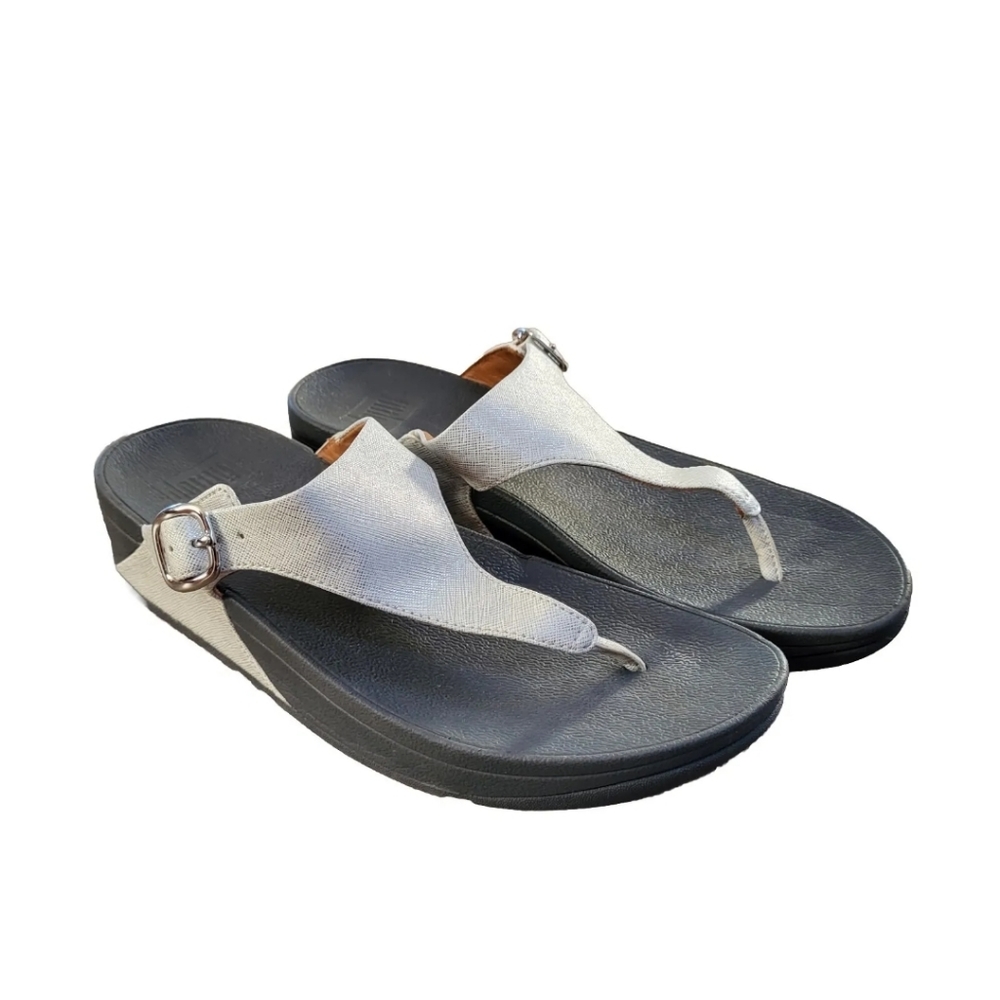Fitflop The Skinny Toe Post Womens Sandals Size 8 White Buckle Silver Platform